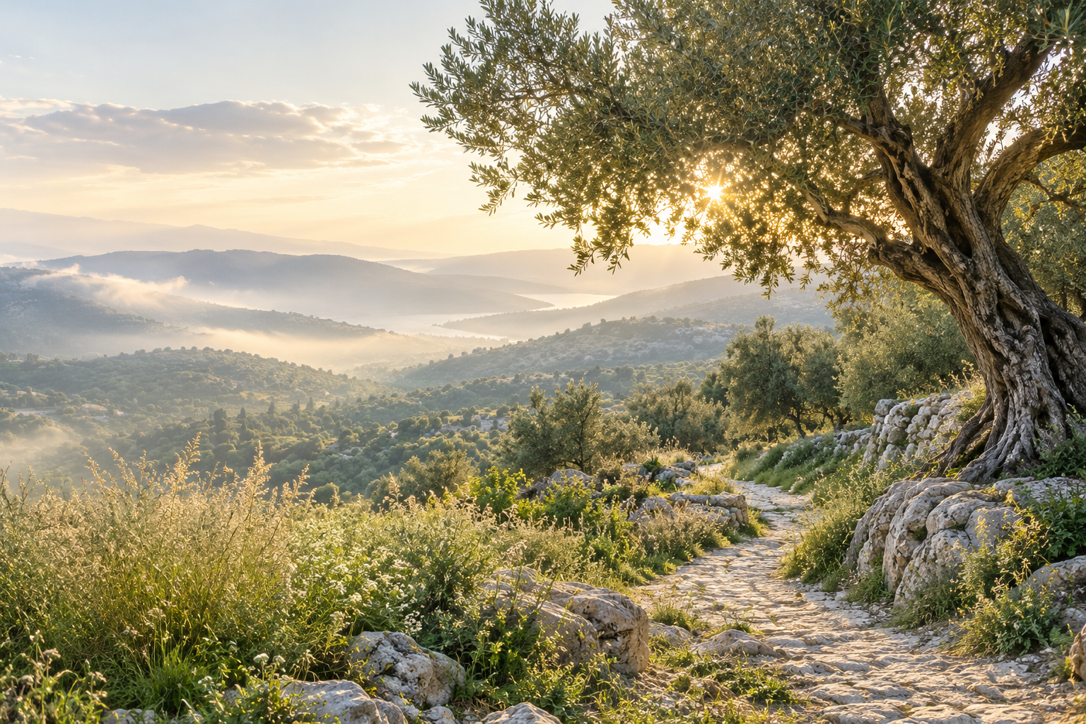 A winding stone path through a sunlit olive grove